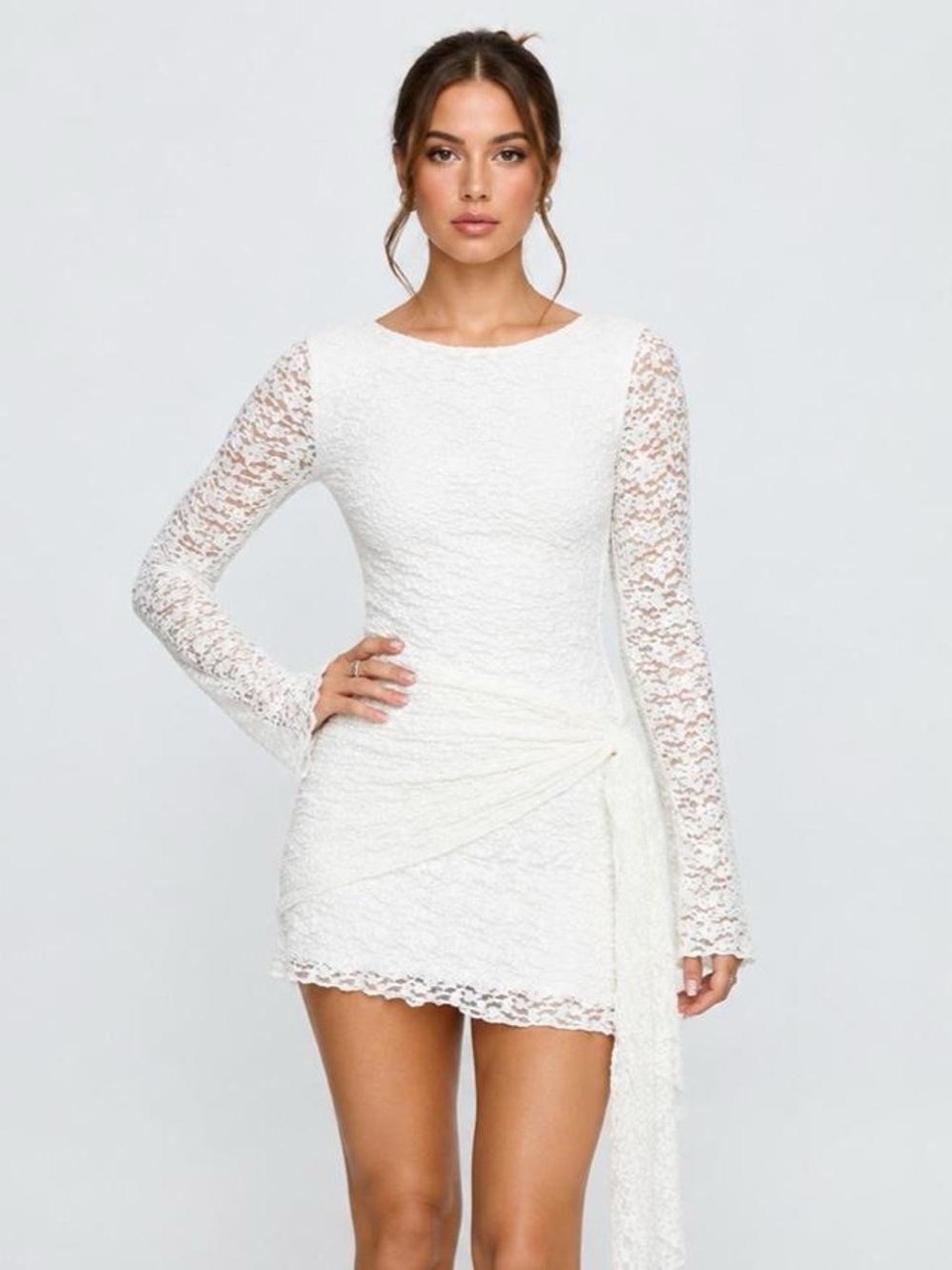 Princess Polly White Lace Long-Sleeve Mini Dress with Side Sash